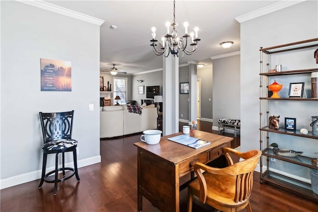 dining space with baseboards, ceiling fan with notable chandelier, crown molding, and wood finished floors