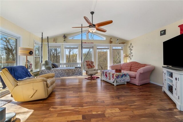30 Strichen Dr, Bella Vista, AR 72715 - living room with vaulted ceiling, hardwood / wood-style floors, and ceiling fan