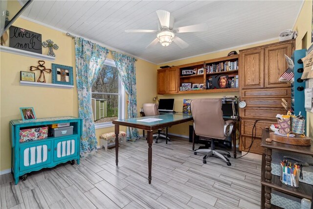 30 Strichen Dr, Bella Vista, AR 72715 - home office with crown molding, ceiling fan, light wood finished floors, and baseboards