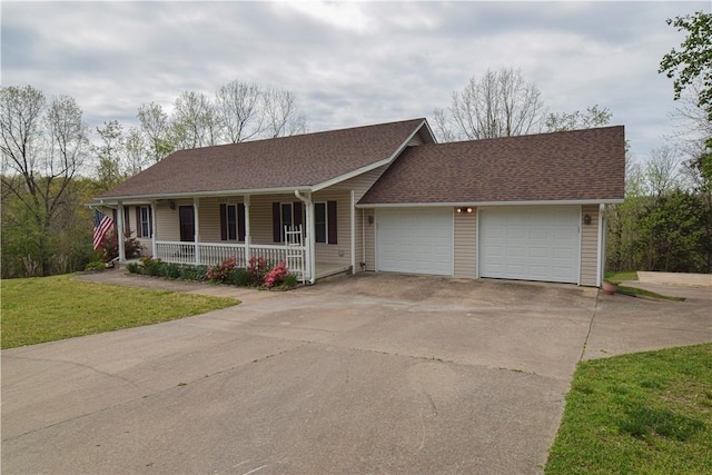 ranch-style home featuring a porch, driveway, roof with shingles, a front lawn, and an attached garage