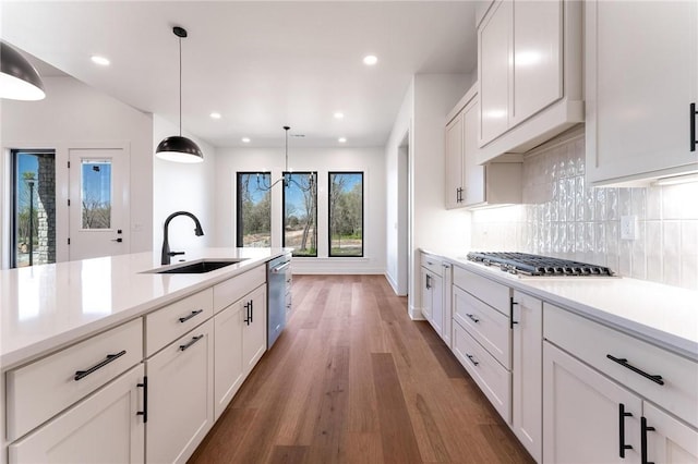 3601 Beaverhead, Bentonville, AR 72712 - kitchen featuring appliances with stainless steel finishes, wood finished floors, light countertops, a sink, and decorative backsplash