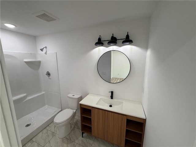 405 S Walnut St, Marshall, AR 72650 - bathroom featuring visible vents, vanity, a walk in shower, toilet, and marble finish floor