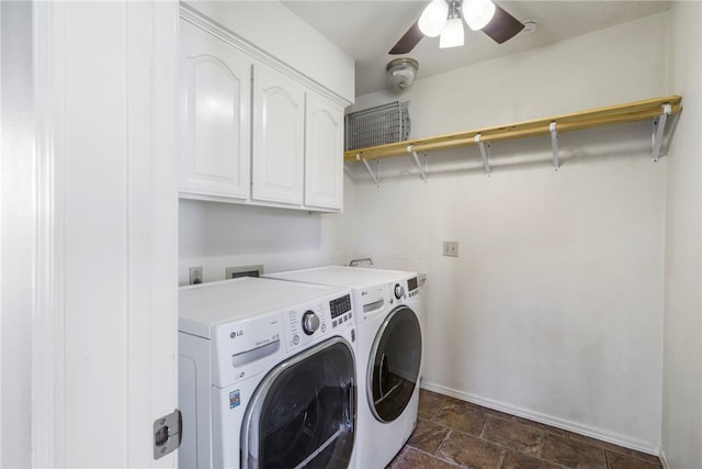 503 Oakwood St, Lowell, AR 72745 - laundry room featuring cabinet space, separate washer and dryer, ceiling fan, baseboards, and dark stone finish floors