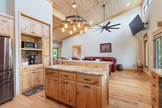 13936 Deepwater Dr, Garfield, AR 72732 - kitchen with stainless steel appliances, high vaulted ceiling, light wood-type flooring, light stone counters, and wood ceiling