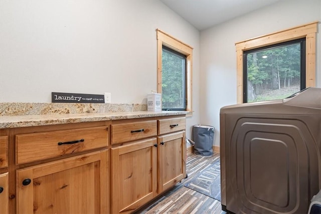 13936 Deepwater Dr, Garfield, AR 72732 - laundry area featuring washer / dryer, a healthy amount of sunlight, cabinet space, and wood finished floors