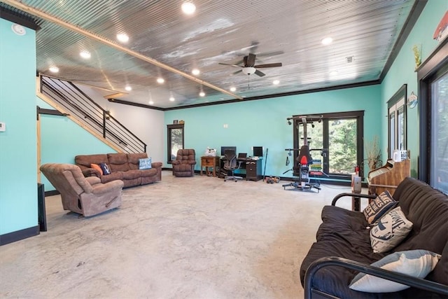 13936 Deepwater Dr, Garfield, AR 72732 - living area featuring recessed lighting, stairs, wood ceiling, ceiling fan, and baseboards