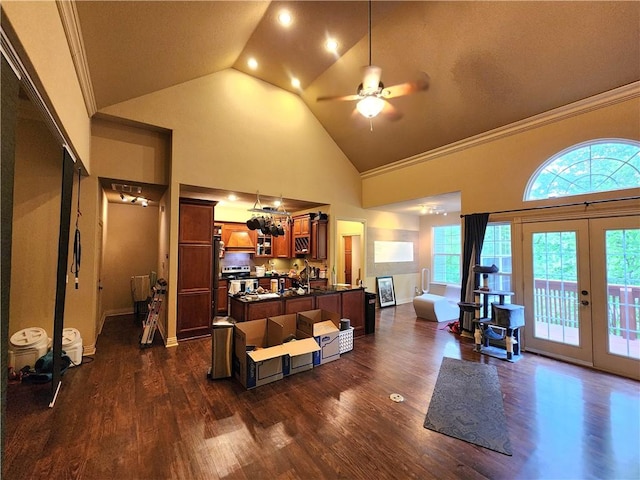 1 Binham Ln, Bella Vista, AR 72715 - living room with french doors, dark wood-type flooring, ornamental molding, a ceiling fan, and high vaulted ceiling