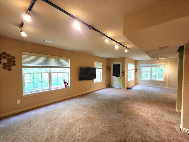 1 Binham Ln, Bella Vista, AR 72715 - unfurnished living room with rail lighting, carpet floors, and baseboards