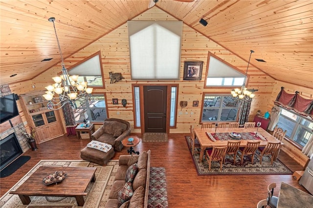 95951 Manns Dr, Gore, OK 74435 - living room with wooden ceiling, a notable chandelier, and plenty of natural light