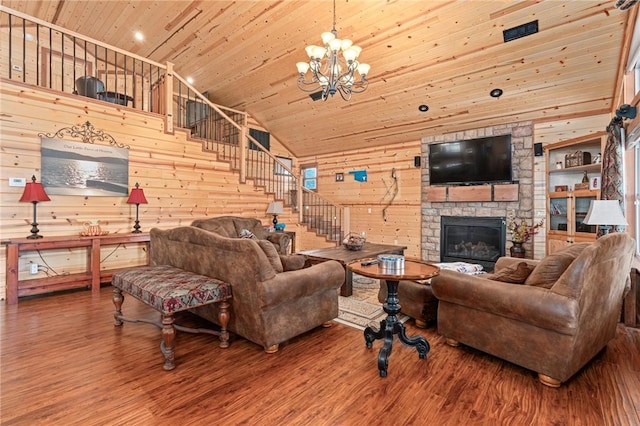95951 Manns Dr, Gore, OK 74435 - living room featuring wooden ceiling, stairs, a notable chandelier, and wood finished floors