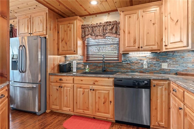 95951 Manns Dr, Gore, OK 74435 - kitchen featuring light brown cabinetry, wood finished floors, a sink, wood ceiling, and appliances with stainless steel finishes