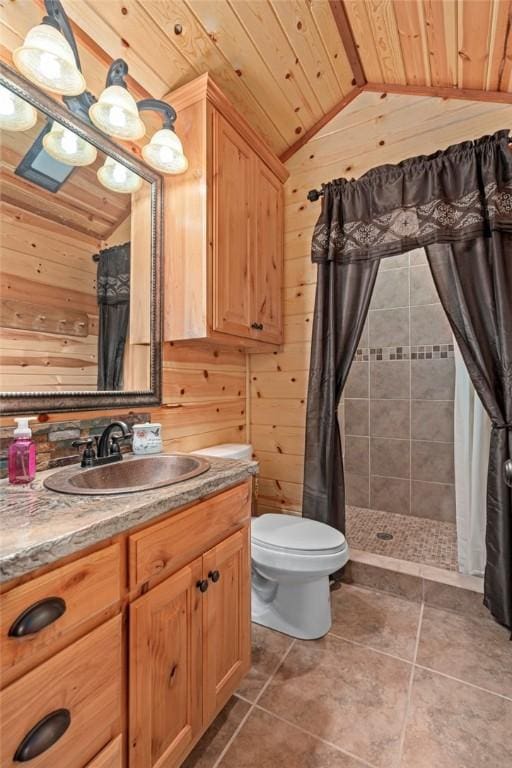 95951 Manns Dr, Gore, OK 74435 - full bath featuring a shower stall, vaulted ceiling, toilet, and wood walls