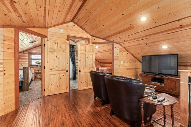 95951 Manns Dr, Gore, OK 74435 - office featuring wood ceiling, dark wood finished floors, lofted ceiling, and wood walls