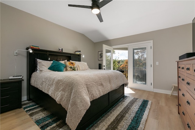 22 Cromarty Ln, Bella Vista, AR 72715 - bedroom with access to exterior, vaulted ceiling, light wood-type flooring, baseboards, and a ceiling fan