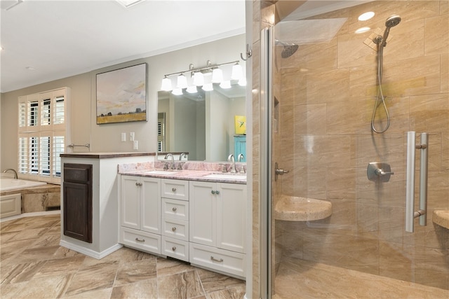22 Cromarty Ln, Bella Vista, AR 72715 - full bathroom featuring a shower stall, double vanity, ornamental molding, and a garden tub