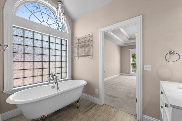 3902 NE Cadbury Ave, Bentonville, AR 72712 - full bathroom featuring a soaking tub, vanity, plenty of natural light, and wood finished floors