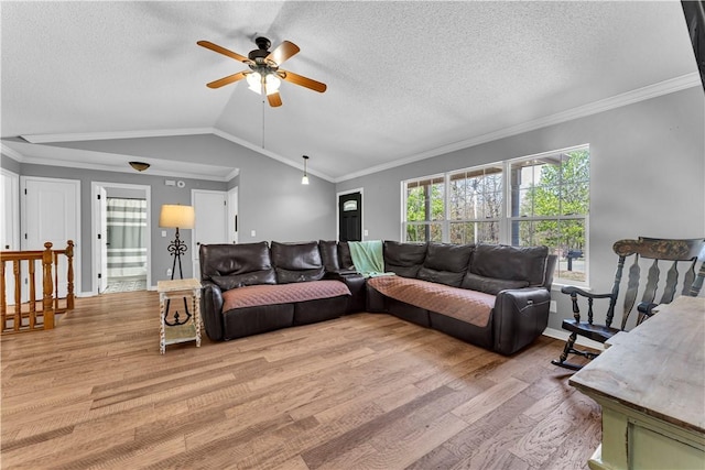 living room with a ceiling fan, light wood finished floors, vaulted ceiling, a textured ceiling, and ornamental molding