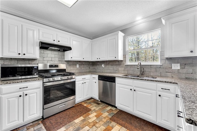 kitchen with appliances with stainless steel finishes, under cabinet range hood, a sink, decorative backsplash, and white cabinets