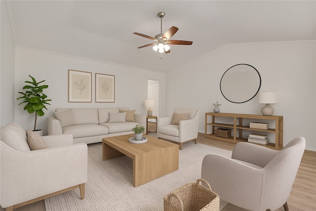 1762 Oxford Pl, Springdale, AR 72764 - living room with lofted ceiling, ceiling fan, crown molding, light wood-style flooring, and baseboards