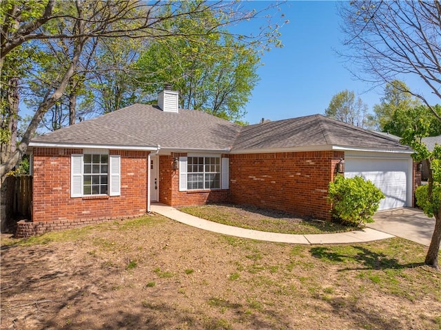 1740 Oxford Pl, Springdale, AR 72764 - view of front facade with a garage, a chimney, brick siding, concrete driveway, and roof with shingles