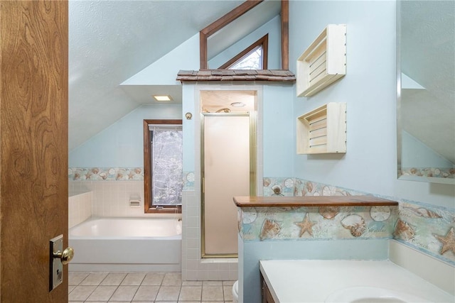 19584 Neills Bluff Rd, Springdale, AR 72764 - full bathroom featuring vaulted ceiling, a stall shower, a bath, vanity, and tile patterned flooring