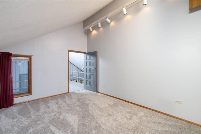 19584 Neills Bluff Rd, Springdale, AR 72764 - spare room with carpet, baseboards, high vaulted ceiling, and track lighting