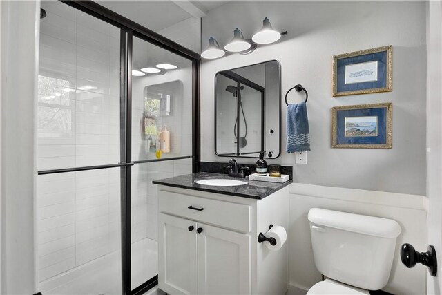 full bathroom featuring vanity, a shower stall, and toilet