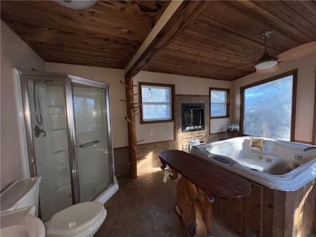 300 Molder Rd, Powell, MO 65730 - bathroom featuring a wainscoted wall, a stall shower, lofted ceiling, tile patterned flooring, and wooden ceiling