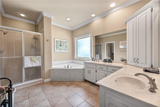 13708 Crazy Horse Dr, Rogers, AR 72758 - full bathroom with recessed lighting, a shower stall, crown molding, a garden tub, and vanity