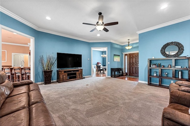 13708 Crazy Horse Dr, Rogers, AR 72758 - living room with recessed lighting, carpet, baseboards, and ceiling fan