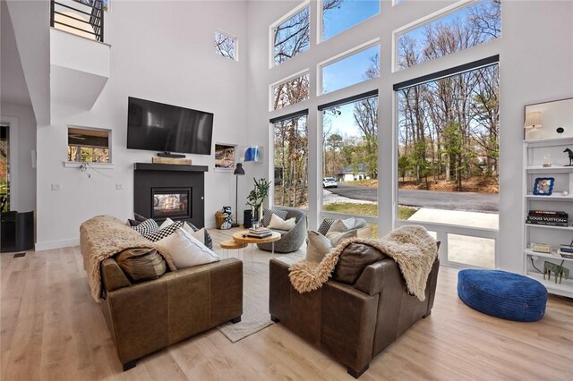 4 Shap Ln, Bella Vista, AR 72714 - living area featuring a towering ceiling, wood finished floors, and a glass covered fireplace