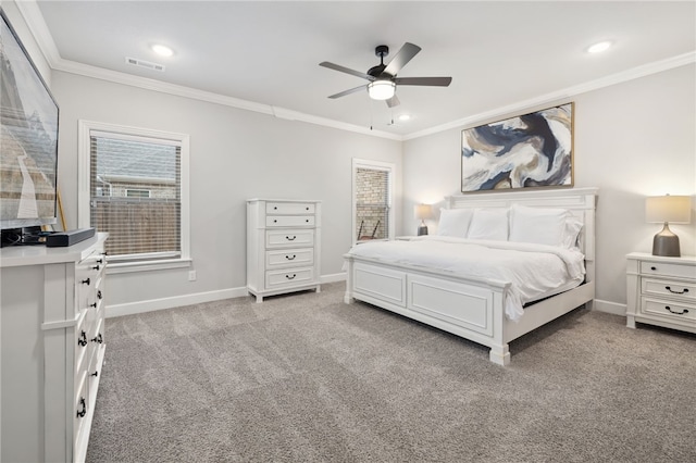bedroom with light carpet, recessed lighting, baseboards, visible vents, and ornamental molding