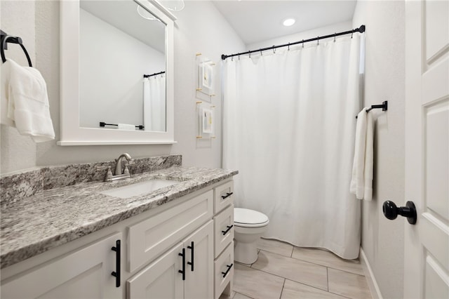 bathroom featuring vanity, marble finish floor, toilet, a shower with shower curtain, and recessed lighting