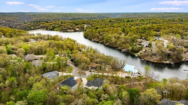 drone / aerial view with a water view and a view of trees