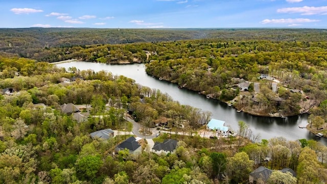 bird's eye view with a water view and a view of trees