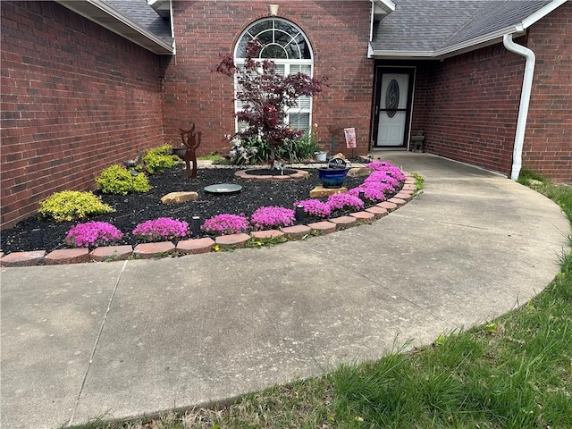 property entrance with brick siding and a shingled roof