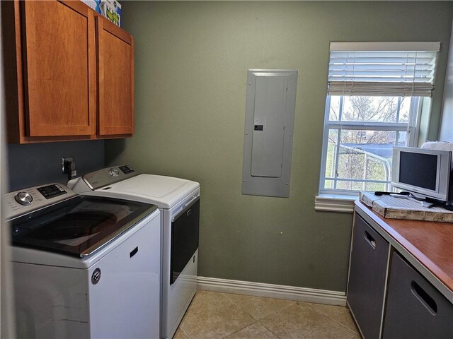 21854 S Floyd Moore Rd, Gentry, AR 72734 - washroom with cabinet space, electric panel, washer and clothes dryer, baseboards, and light tile patterned floors