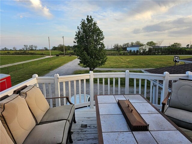 21854 S Floyd Moore Rd, Gentry, AR 72734 - wooden terrace with a yard and a view of countryside