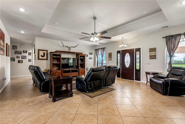 21854 S Floyd Moore Rd, Gentry, AR 72734 - living area featuring a tray ceiling, ceiling fan, light tile patterned floors, baseboards, and recessed lighting