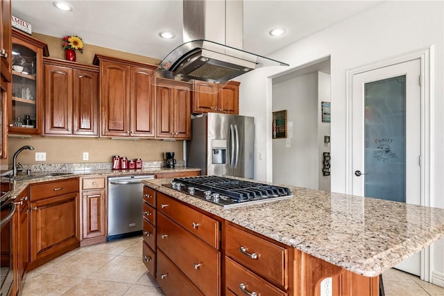21854 S Floyd Moore Rd, Gentry, AR 72734 - kitchen with stainless steel appliances, a sink, light tile patterned floors, glass insert cabinets, and light stone countertops