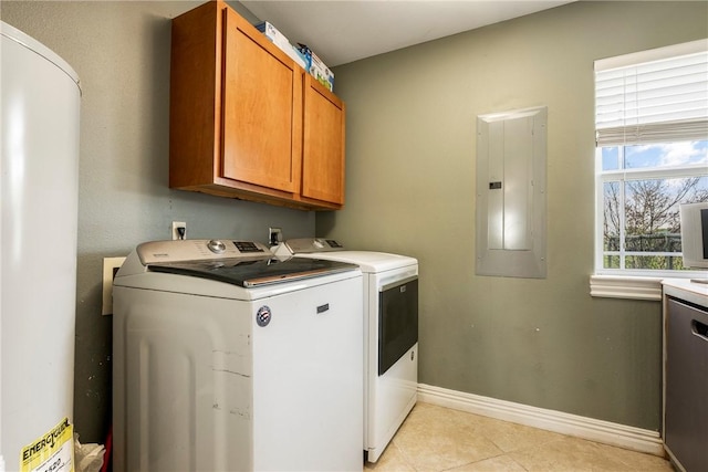 21854 S Floyd Moore Rd, Gentry, AR 72734 - laundry area featuring electric panel, washer and dryer, cabinet space, light tile patterned floors, and water heater