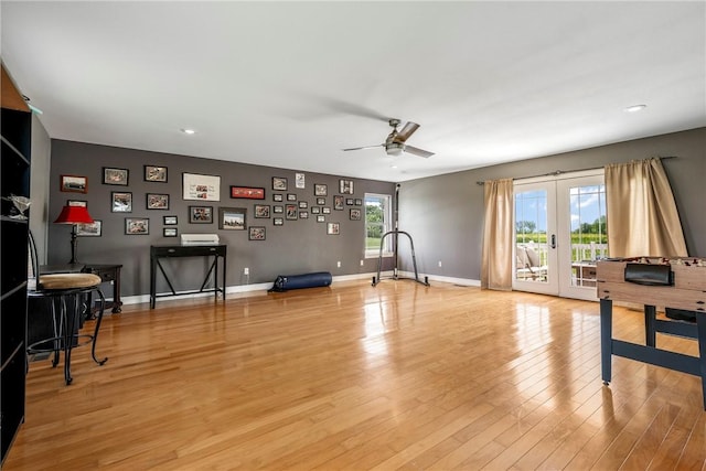 21854 S Floyd Moore Rd, Gentry, AR 72734 - rec room with french doors, a ceiling fan, light wood finished floors, baseboards, and recessed lighting