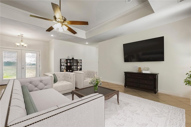 21854 S Floyd Moore Rd, Gentry, AR 72734 - living room featuring tile patterned floors, crown molding, french doors, baseboards, and recessed lighting