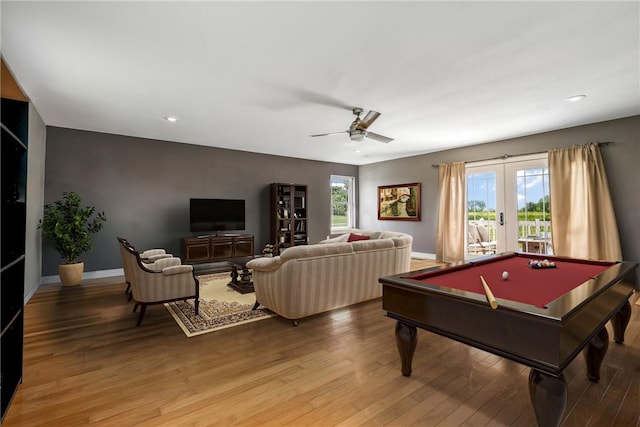 21854 S Floyd Moore Rd, Gentry, AR 72734 - game room featuring french doors, light wood-type flooring, billiards table, a ceiling fan, and recessed lighting