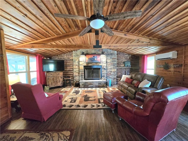 living room with lofted ceiling with beams, wood finished floors, ceiling fan, wood ceiling, and a wall mounted AC