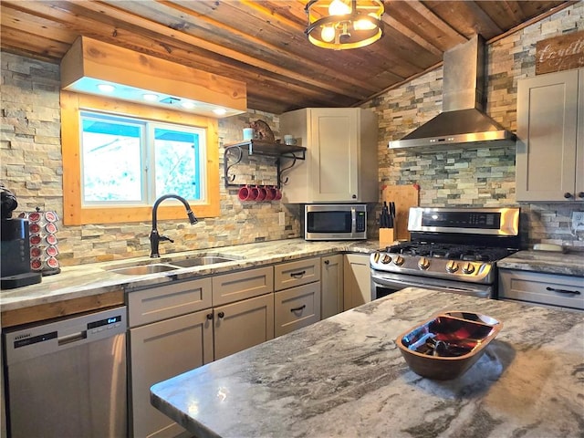 kitchen with stainless steel appliances, a sink, tasteful backsplash, wall chimney range hood, and wood ceiling