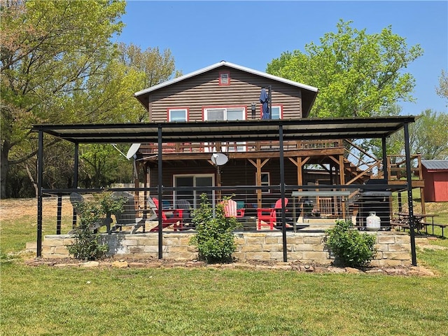 exterior space featuring faux log siding, a patio area, stairway, and a deck