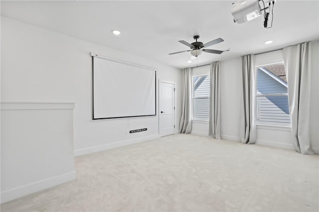 home theater featuring carpet flooring, ceiling fan, baseboards, and recessed lighting
