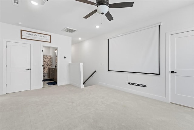 cinema room with carpet flooring, ceiling fan, and recessed lighting