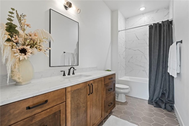bathroom with toilet, vanity, and shower / bathtub combination with curtain